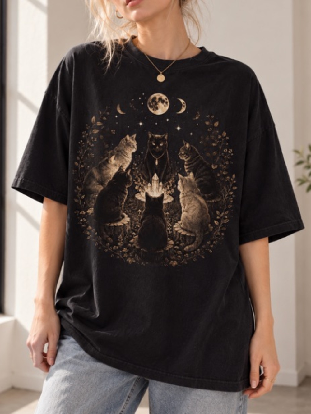Cat Coven T-Shirt, Mystical Black Cat Tee, Witchy Moon Phase Shirt, Crystal Cats